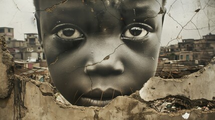Serious sad children in destructed city as a result of earthquake natural disaster or war strike - obrazy, fototapety, plakaty