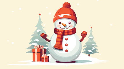 Cute snowman present Christmas gift. Happy snow man