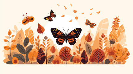 Autumn forest flora and fauna flat vector illustrat