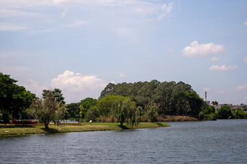 Beautiful lake with green plants and clear sky in the background