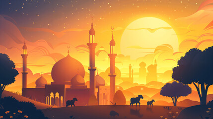 Beautiful mosque, sunset with a large moon in the sky, Eid al adha concept. - obrazy, fototapety, plakaty