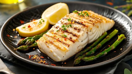 Grilled Fish Steak with Asparagus, Generative AI,