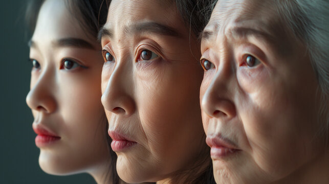 3 young asian twins, one half showcasing graceful wrinkles and natural aging,