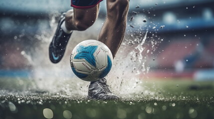 Close-up of a Leg in a Boot Kicking Football Ball. Professional Soccer Player Hits Ball with Fierce...