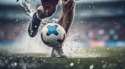 Close-up of a Leg in a Boot Kicking Football Ball. Professional Soccer Player Hits Ball with Fierce...