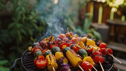 barbecue with vegetables on a flaming grill, Generative AI,