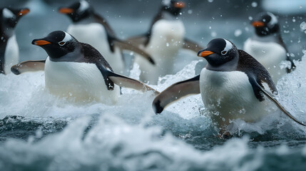 Fototapeta premium Black and white flightless birds, penguins, huddle on the icy shores of Antarctica