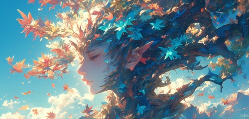 A beautiful painting of a tree with leaves in the shape of woman's face, a bright blue haired woman is standing under it, colorful leaves falling from her hair