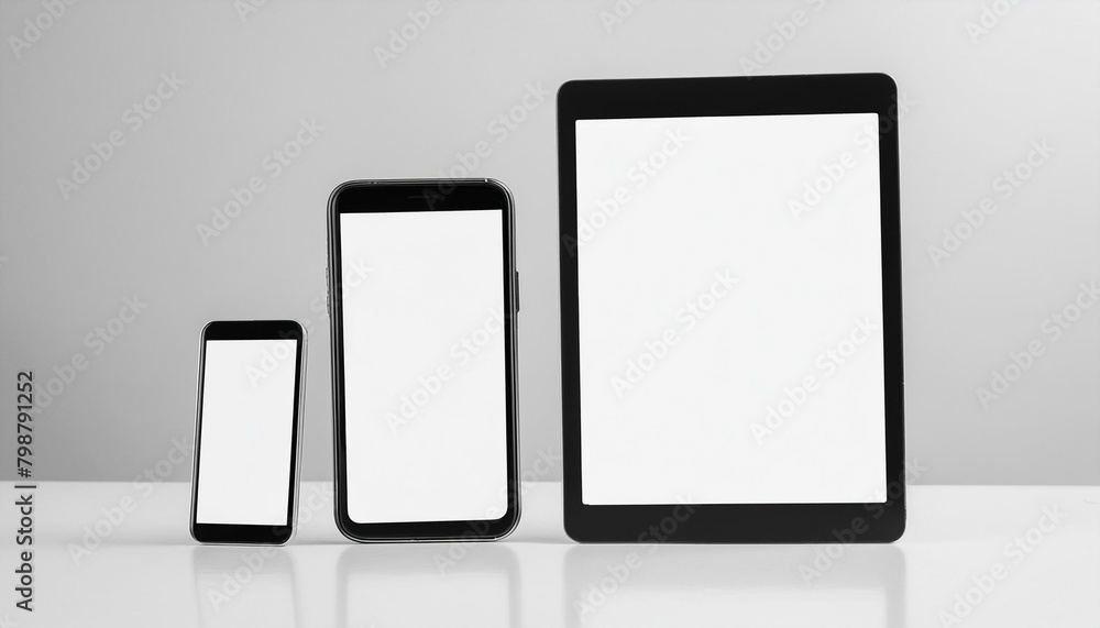 Poster mockup template for different screen sizes - monitor, tablet and phone - application design, web des