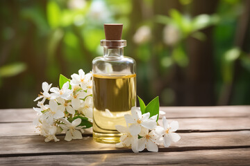 A bottle of Jasmine aromatherapy essential oil on natural background