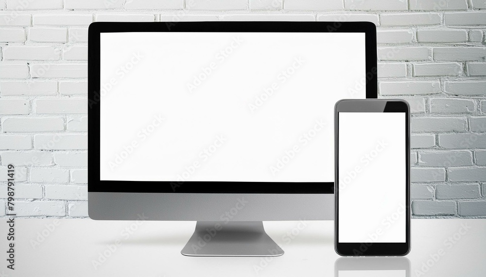 Poster mockup template for different screen sizes - monitor, tablet and phone - application design, web des