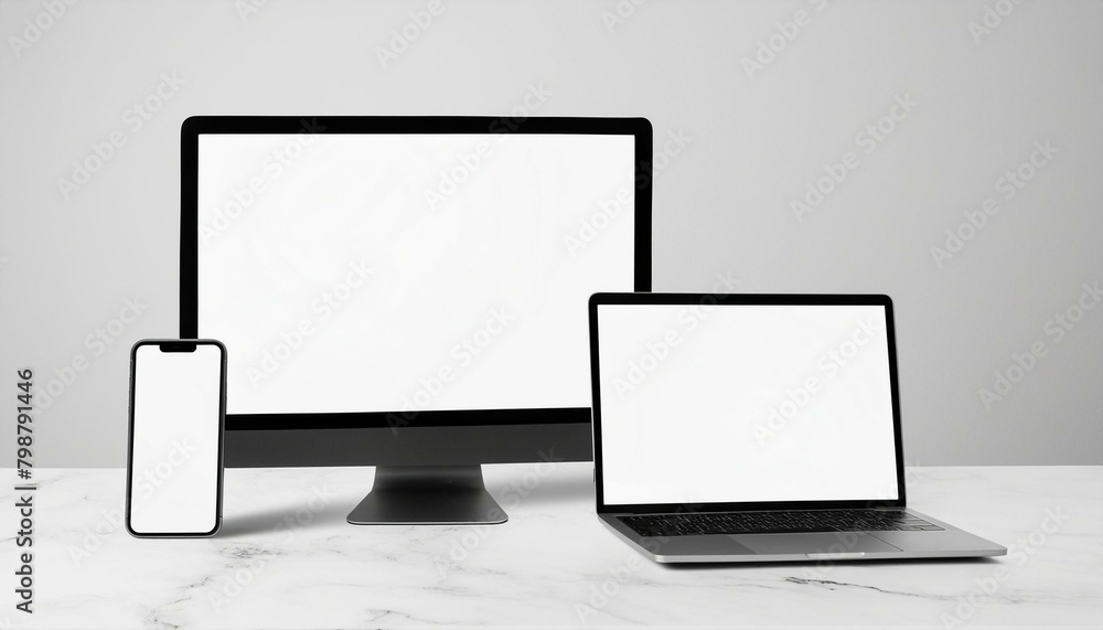 Poster mockup template for different screen sizes - monitor, tablet and phone - application design, web des