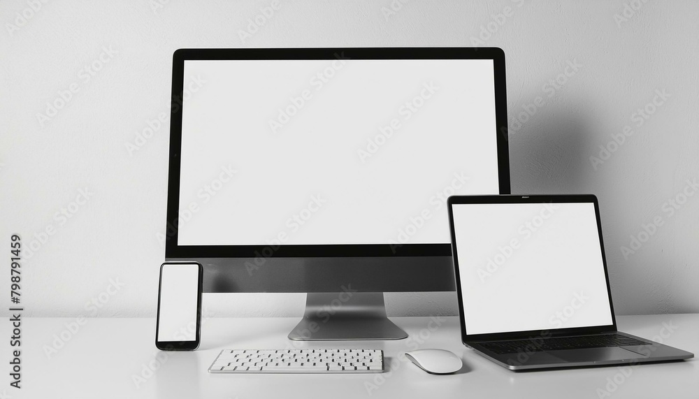Poster mockup template for different screen sizes - monitor, tablet and phone - application design, web des