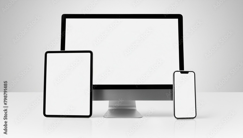 Poster mockup template for different screen sizes - monitor, tablet and phone - application design, web des