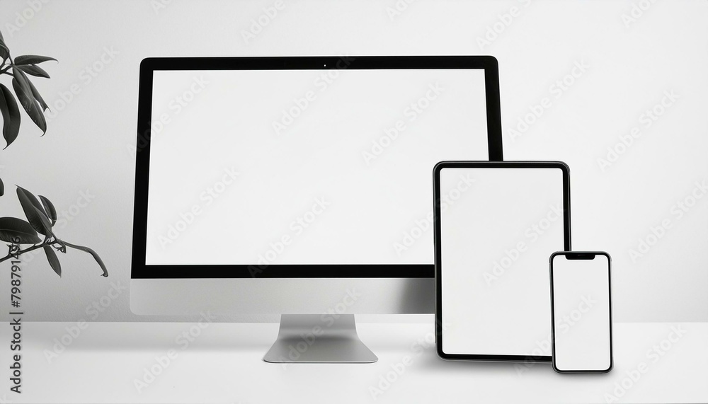 Poster mockup template for different screen sizes - monitor, tablet and phone - application design, web des