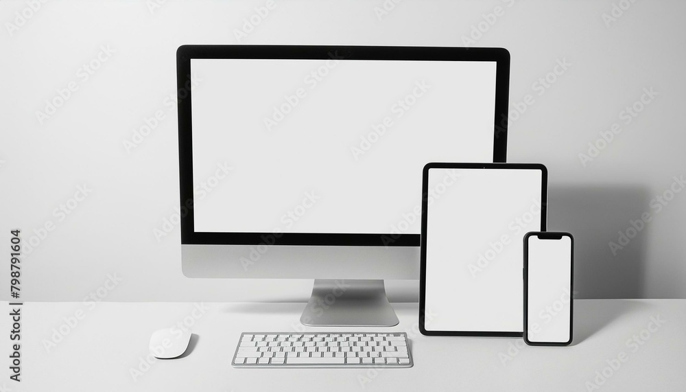 Poster mockup template for different screen sizes - monitor, tablet and phone - application design, web des