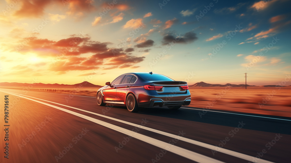 Wall mural Modern car drive by road on high speed at sunset in a desert area