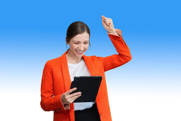 Overjoyed charming excited caucasian woman business woman worker using Tablet feeling happy to empty copy space isolated on background.