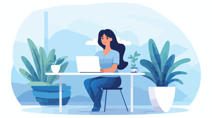 Cute woman sitting at desk and working on laptop co