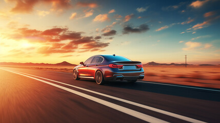 Modern car drive by road on high speed at sunset in a desert area