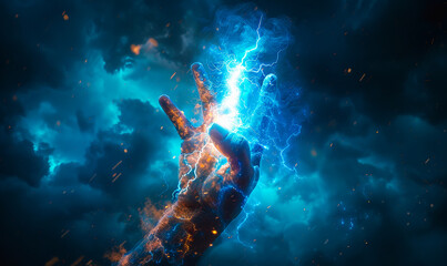 Lightning Bolt Glow in Hand Against Stormy Sky - Power, Energy, Zeus, Thor, Electric Charge Concept