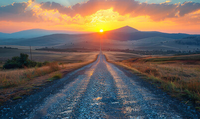 Sunset Mountain Road Journey - Lonely Winding Pathway Through Rugged Terrain Landscape Under Vibrant Dusk Sky