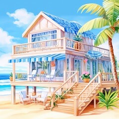 A cartoon illustration of a beach house with blue accents and a palm tree.