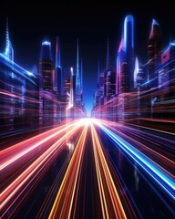 Long exposure style 3D render featuring streaks of neon lights in abstract patterns across a panoramic view, suitable for tech themes - obrazy, fototapety, plakaty