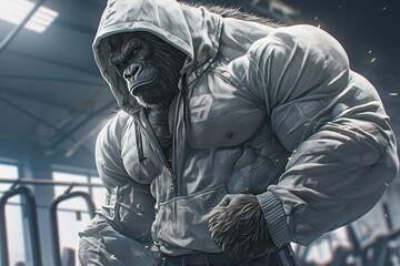 gorilla bodybuilder wearing a grey hoodie and black pants, posing in the gym 