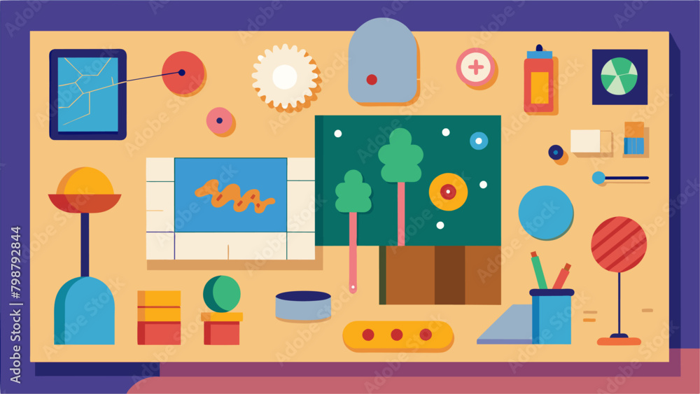 Poster an interactive art wall with various materials and textures encouraging creativity and exploration f