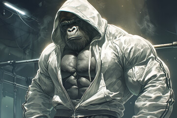Fototapeta na wymiar Extremely muscular gorilla wearing a grey hoodie and black tracksuit, posing in a dark gym/