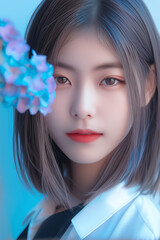 a korean girl with colorful Blue Hydrangea flowers lightly overlapping on face