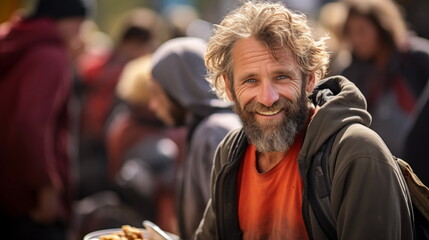 Homeless bearded man getting food. Poor and homeless individuals of all races are fed by the non-profit organization at a food drive.