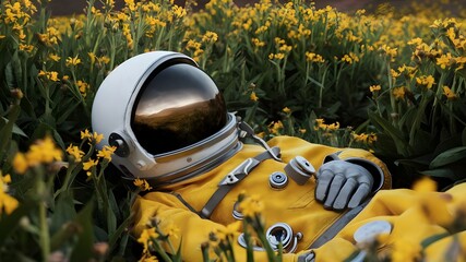 a man in a space suit laying in a field of yellow flowers.