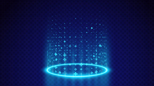 Level Up and Healing Aura Game Effect. Plus Signs Lighting and Bright VFX Aura. Glowing Neon Energy. Teleport Circle Effect. Vector Illustration.