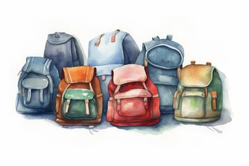 Naklejka premium Backtoschool backpacks watercolor, packed backtoschool backpacks watercolor