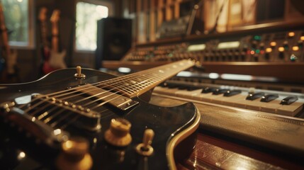 Guitar recording scene. An electric guitar and professional console