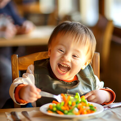  a child with Down syndrome enjoying a meal - obrazy, fototapety, plakaty