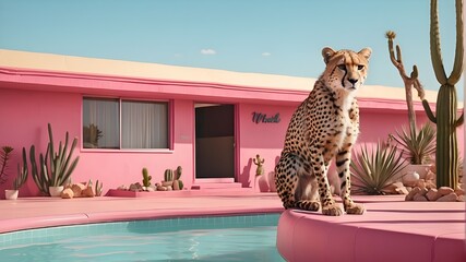  An artistic interpretation of a cheetah beside a swimming pool at a pink motel, set against a desert backdrop with cactuses, capturing the essence of a vintage film scene with artistic flair - obrazy, fototapety, plakaty