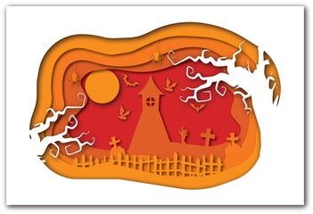 Halloween Church - Vector Paper Cut illustration
