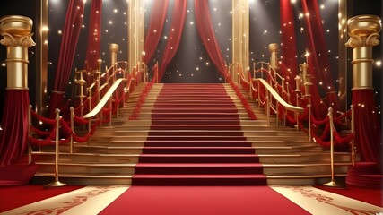 Presentation with red carpet Red Event Carpet, Stair and Gold Rope Barrier Concept of Success and Triumph, an extravagant event setup featuring a vibrant red carpet, grand staircase, and elegant gold 