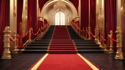 Presentation with red carpet Red Event Carpet, Stair and Gold Rope Barrier Concept of Success and Triumph, an extravagant event setup featuring a vibrant red carpet, grand staircase, and elegant gold  - obrazy, fototapety, plakaty
