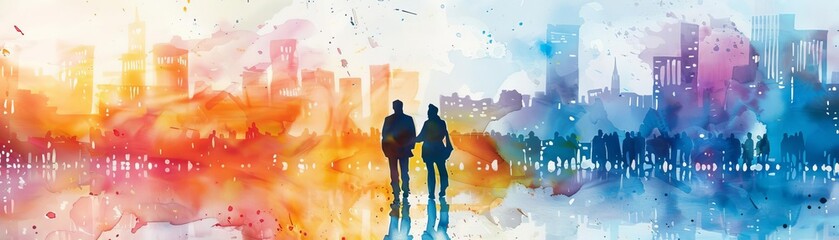 Aquarelle painting of a couple walking away from the viewer with a colorful cityscape in the background.