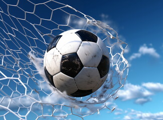 Soccer Ball Hitting the Back of the Net Against a Clear Blue Sky