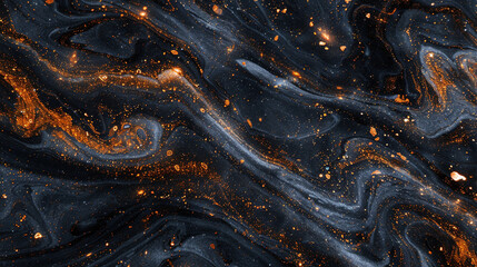 Mystic charcoal twilight marble ink adorned with sparkling tangerine glitters, casting a luminous spell upon the velvety darkness of an abstract cosmos.