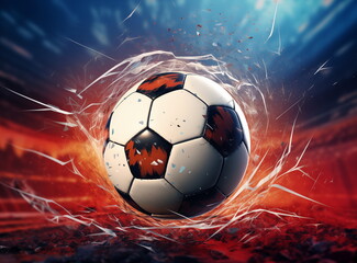 Fototapeta premium Concept of powerfully kicking a soccer ball on the field