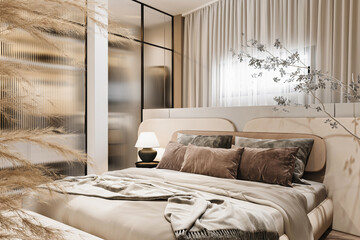 Tranquil bedroom with a neutral color palette, plush bedding