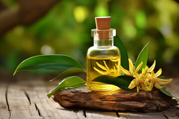 A bottle of Ylang-Ylang aromatherapy essential oil on natural background - obrazy, fototapety, plakaty