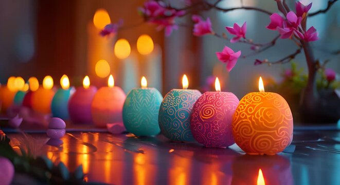 A beautiful still life image of a variety of candles of different colors and sizes, with a branch of delicate pink flowers in the background.