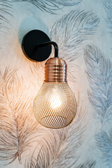An ornamented light bulb with feathers hangs on the wall